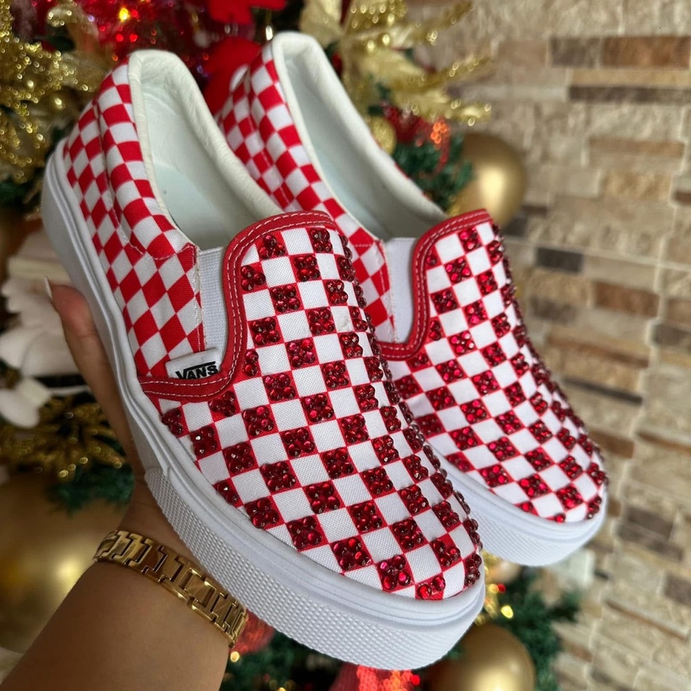 Rhinestone checkered slide on Vans